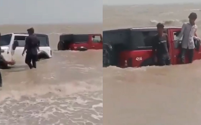 Youth Stuck in Sea with 2 Mahindra Thar for Instagram Reel; Gujarat Case - News Karnataka