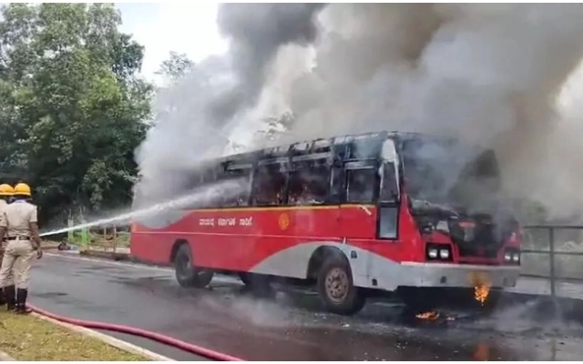 KSRTC Bus Catches Fire on Shivamogga Route; Passengers Escape Safely - News Karnataka