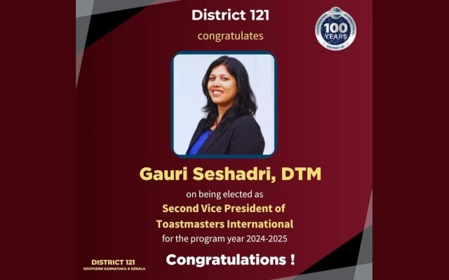 Bengaluru executive Gauri Seshadri, DTM, is Second VP of Toastmasters International - News Karnataka