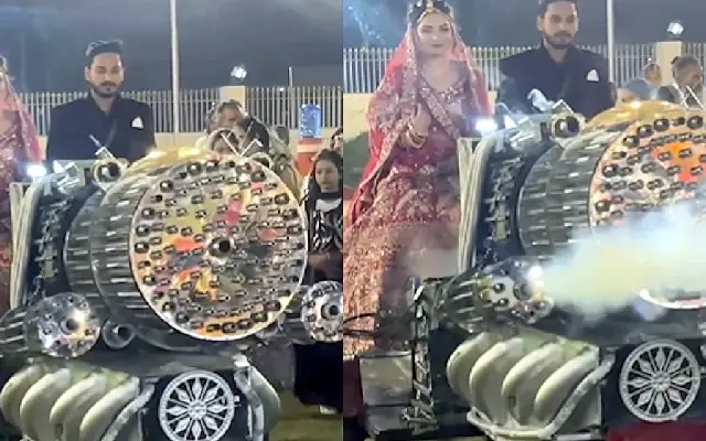 Couple's Bollywood-style wedding entry on machine gun prop sparks internet frenzy - News Karnataka