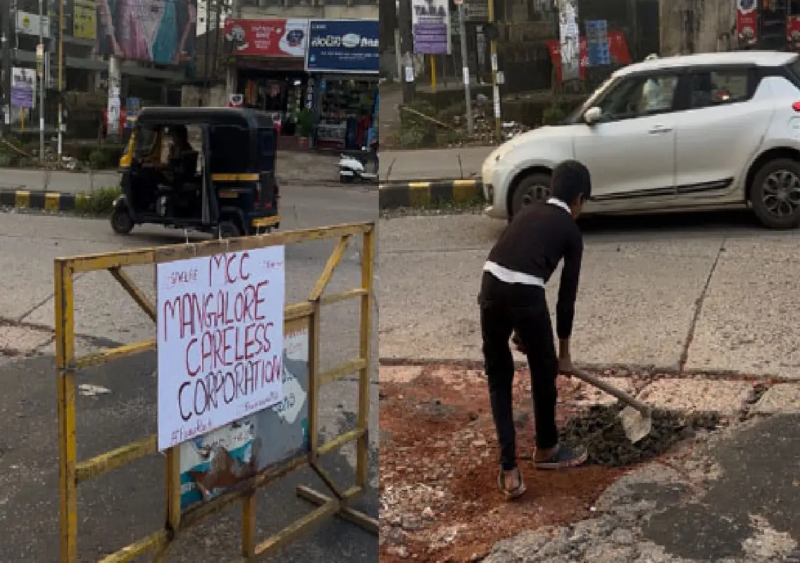 Children fill potholes in Mangaluru, shame city corporation - News Karnataka