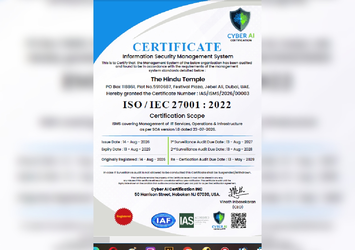 Dubai Hindu Temple becomes first globally to achieve ISO 27001:2022 certification - News Karnataka