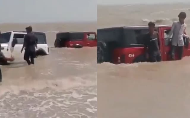 Youth Stuck in Sea with 2 Mahindra Thar for Instagram Reel; Gujarat Case