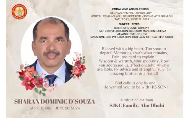 Funeral of Sharan Dominic D’Souza at Our Lady of Health, Shirva