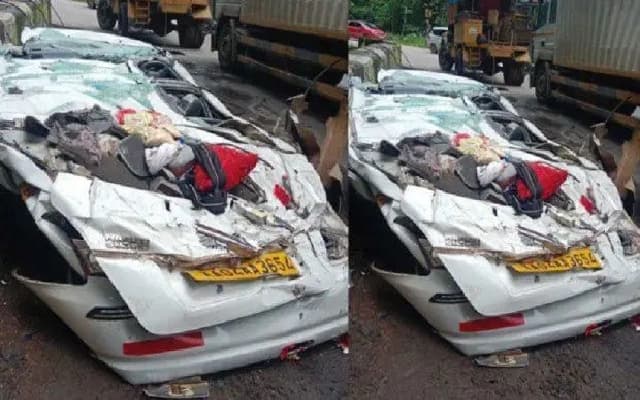 Lucky Escape for Passengers as Container Truck Falls on Parked Car