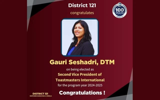 Bengaluru executive Gauri Seshadri, DTM, is Second VP of Toastmasters International