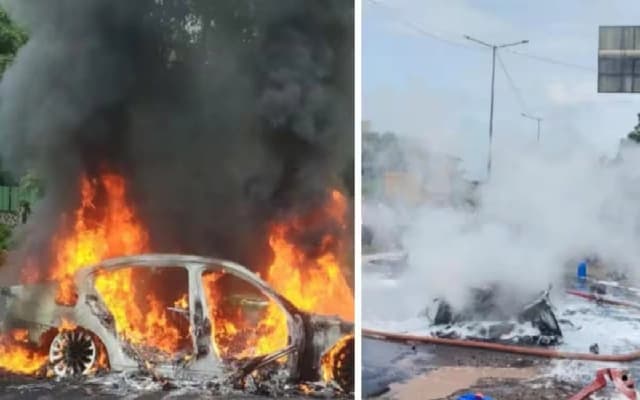 BMW Car Catches Fire on National Highway in Surathkal, Passengers Unharmed