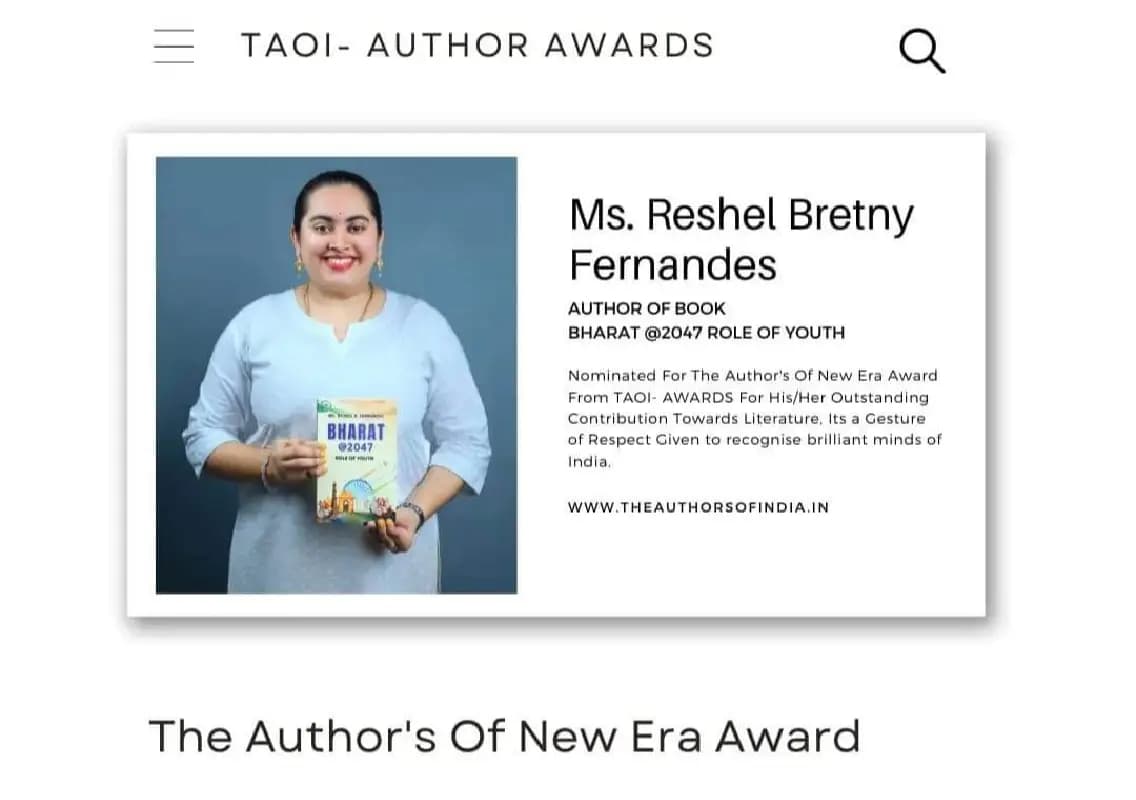 Reshel Bretny Fernandes Honoured with Author of New Era Award