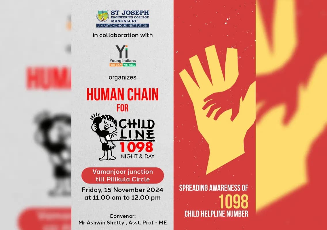 St Joseph Engineering College, Mangaluru, and Young Indians (CII) to organize human chain for child helpline awareness