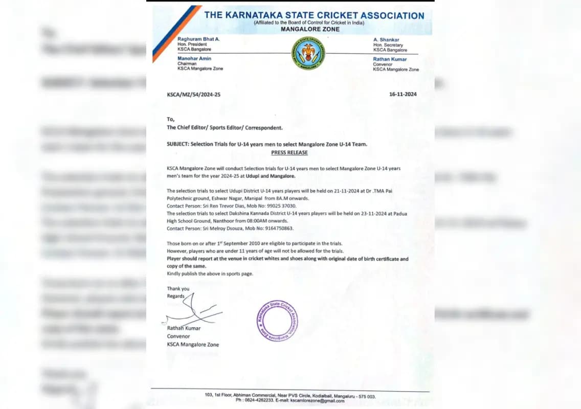 Cricket: KSCA announces U-14 selection trials for Mangalore Zone