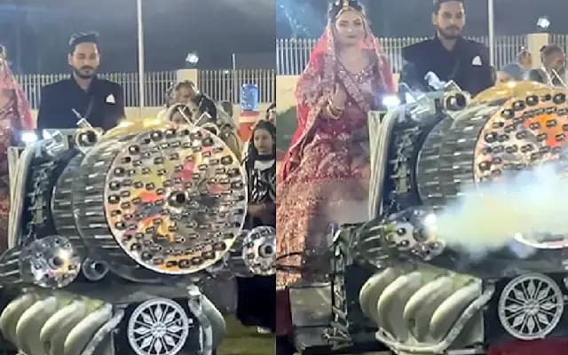 Couple’s Bollywood-style wedding entry on machine gun prop sparks internet frenzy