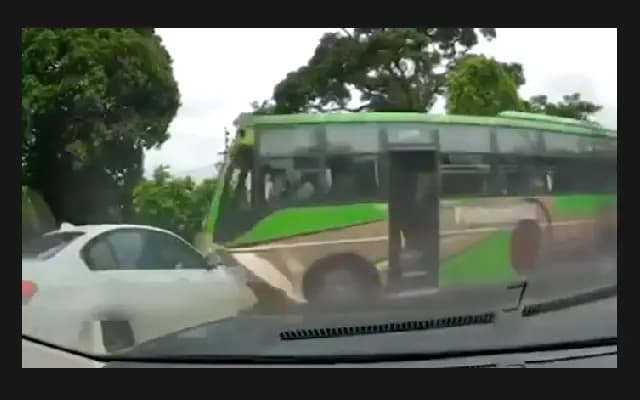 Narrow Escape in Karkala: Speeding Bus Rams BMW, Car Totaled