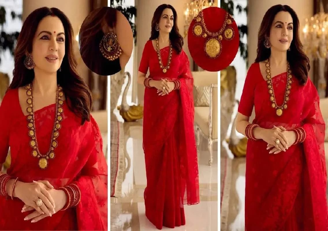 Nita Ambani’s red saree look at temple stuns