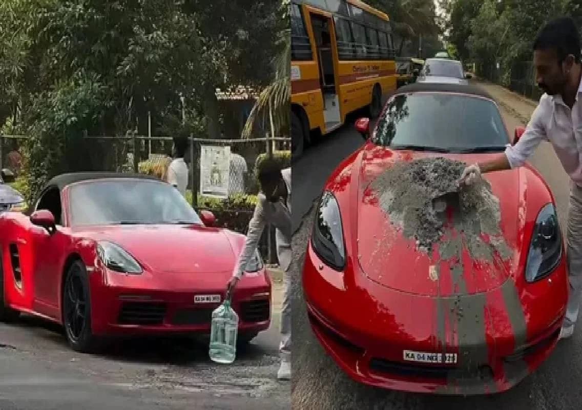 Bengaluru man uses Porsche to fix pothole