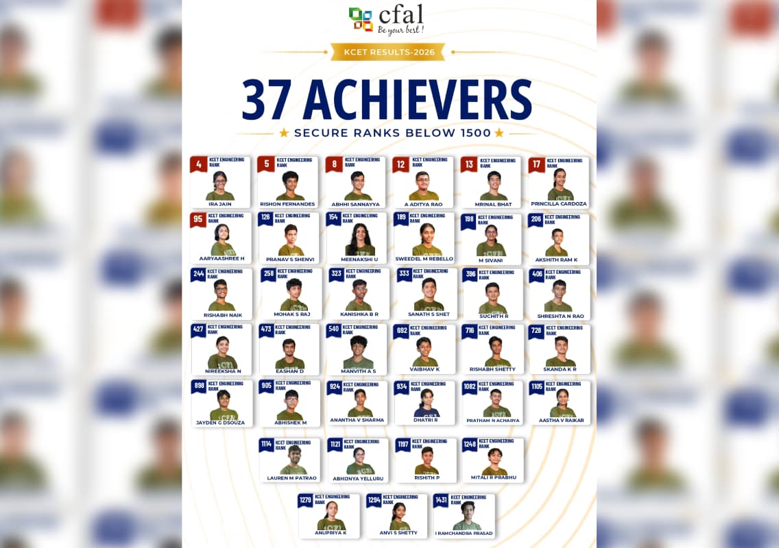 CFAL Secures 3 of Karnataka’s Top 10 KCET 2026 Engineering Ranks: Tops Dakshina Kannada & Udupi