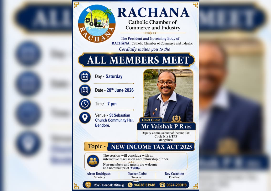 RACHANA- Catholic Chamber of Commerce and Industry to host members’ meet on New Income Tax Act 2025 on June 20