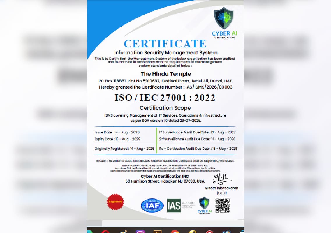Dubai Hindu Temple becomes first globally to achieve ISO 27001:2022 certification