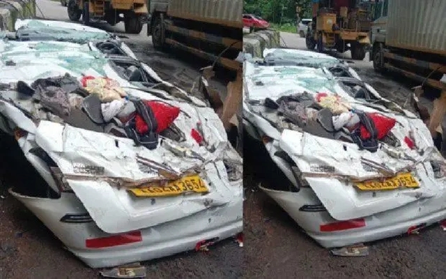 Lucky Escape for Passengers as Container Truck Falls on Parked Car - News Karnataka