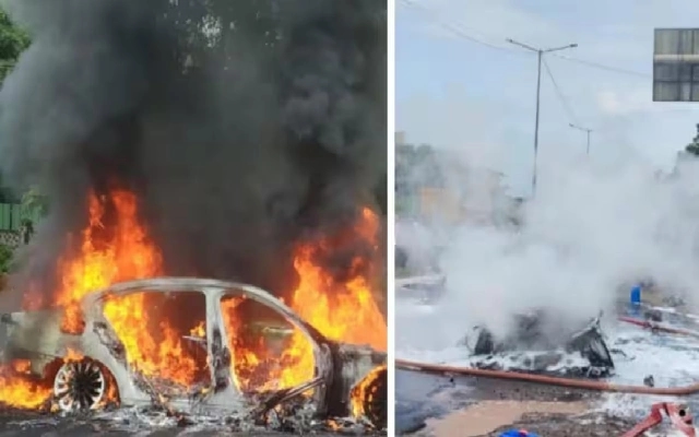 BMW Car Catches Fire on National Highway in Surathkal, Passengers Unharmed - News Karnataka