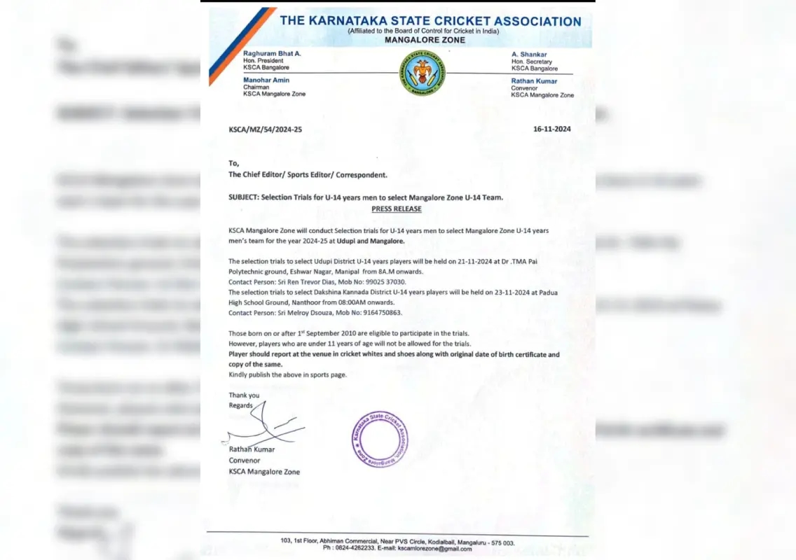 Cricket: KSCA announces U-14 selection trials for Mangalore Zone - News Karnataka