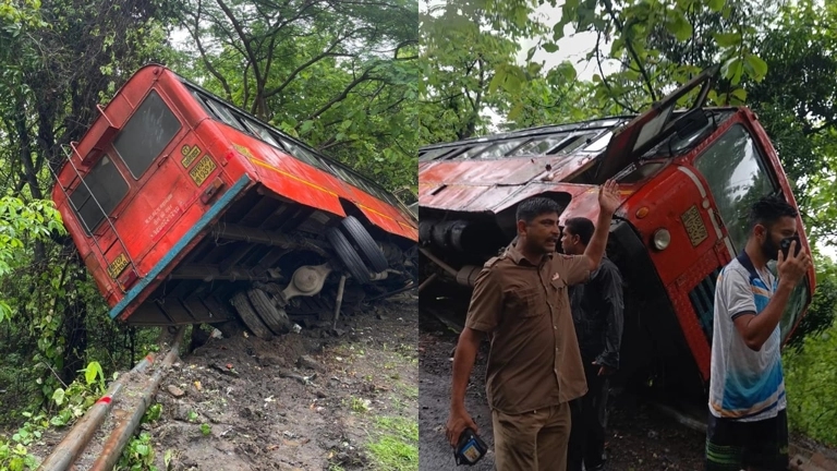 Bus carrying 50 passengers overturns, slow movement prevents major injuries - News Karnataka
