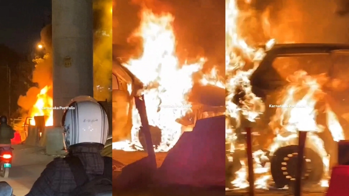 Car bursts into flames on Outer Ring Road, causing major traffic jam - News Karnataka