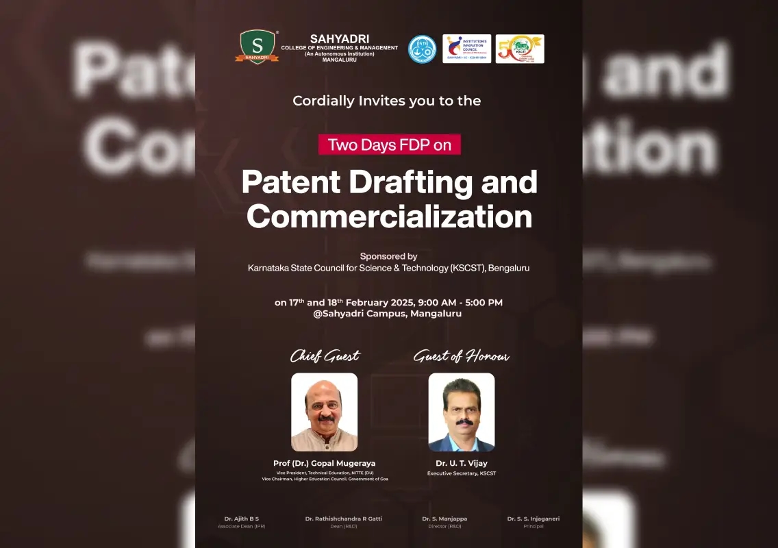 Sahyadri College to host two-day FDP on patent drafting and commercialization - News Karnataka