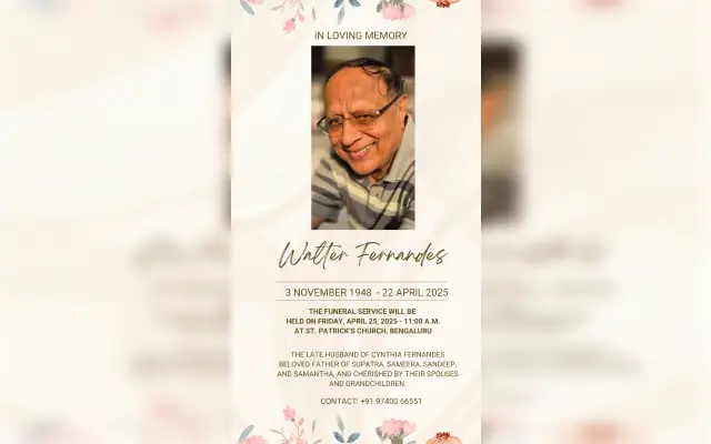 Obituary: Walter Fernandes, St Patrick's church Bangalore - News Karnataka