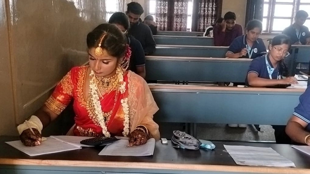 Bride with a book: Hassan student writes final exam hours before wedding - News Karnataka