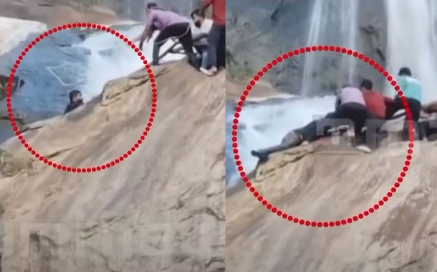 Tourist’s near-fatal slip at Thooval Waterfalls saved by quick-thinking locals - News Karnataka