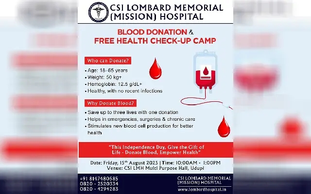 CSI Lombard Memorial Hospital to Host Blood Donation Camp on Aug 15 - News Karnataka