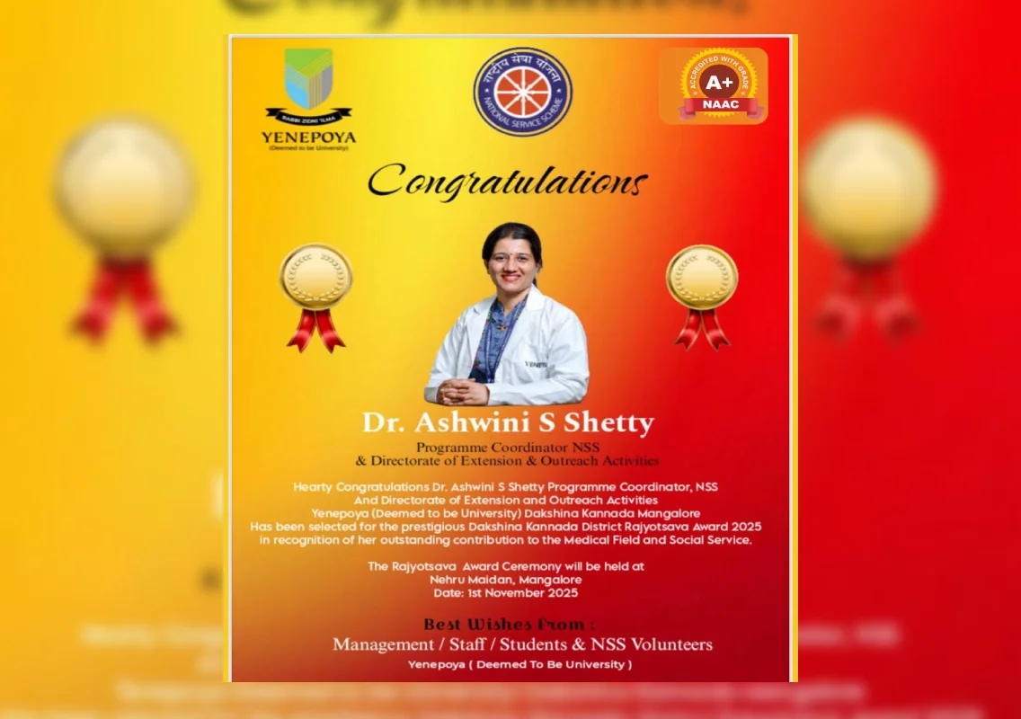 Yenepoya University’s Dr Ashwini S Shetty honoured with Dakshina Kannada District Rajyotsava Award 2025 - News Karnataka