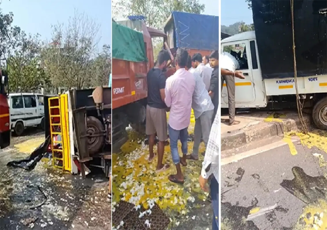 Egg transport vehicle overturns after lorry collision near Adyar - News Karnataka