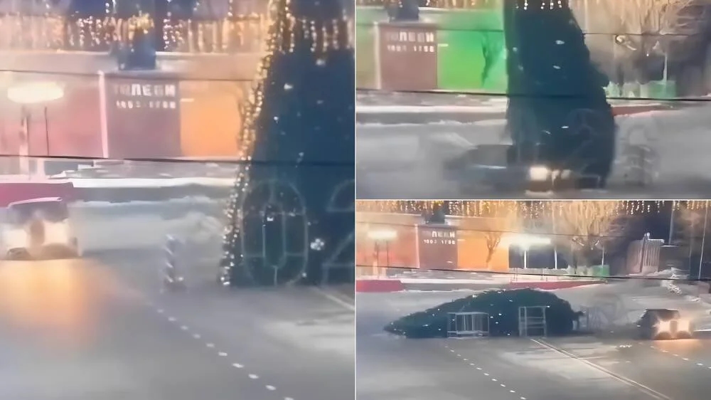 Joyride ends with car crashing into Christmas tree in Kazakhstan town - News Karnataka