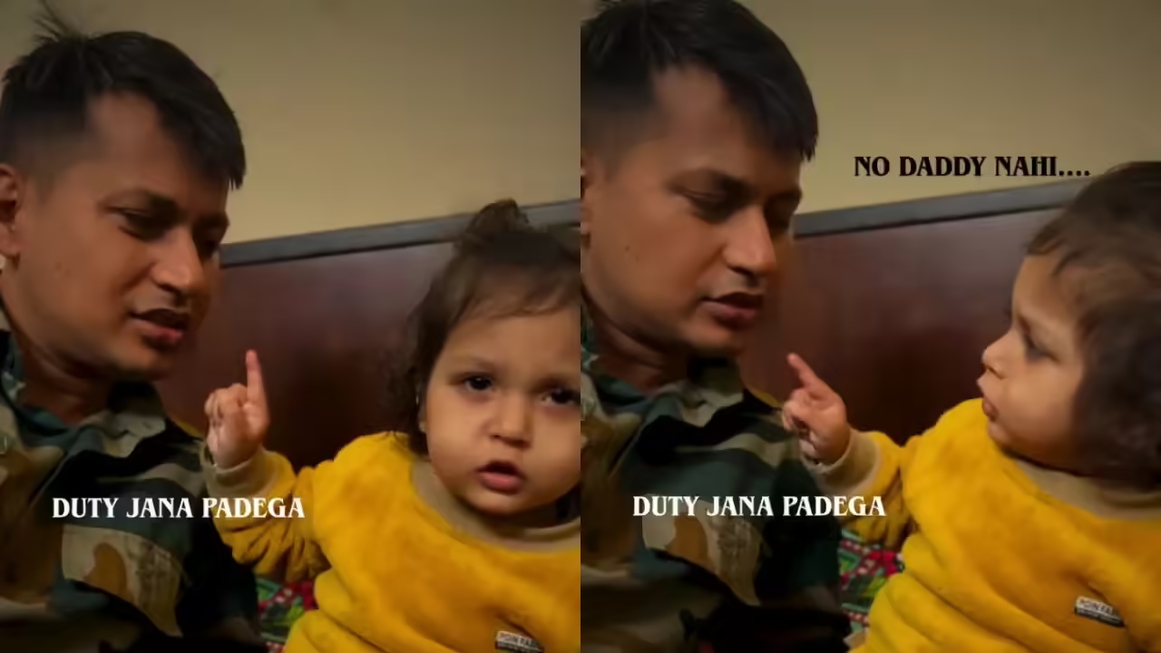Little ‘lady boss’ stops Army dad from going to work, video melts hearts - News Karnataka