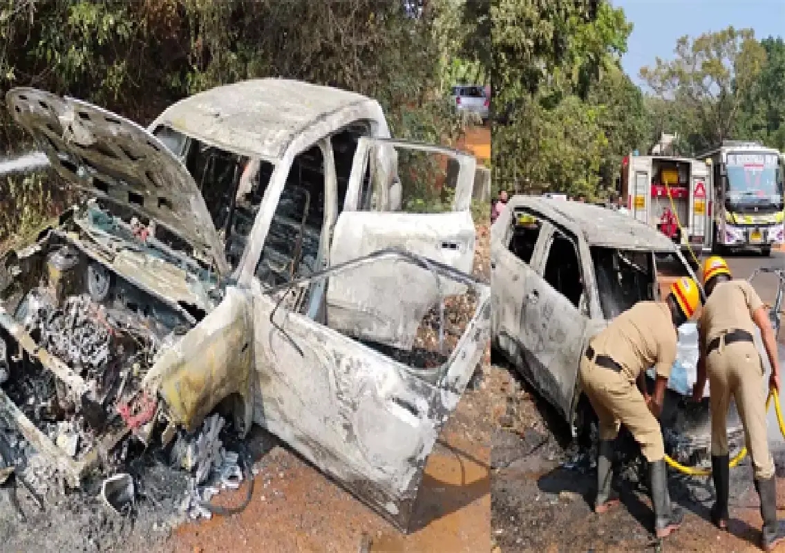 Moving car gutted by fire on Hemmadi–Kollur highway near Kundapur - News Karnataka