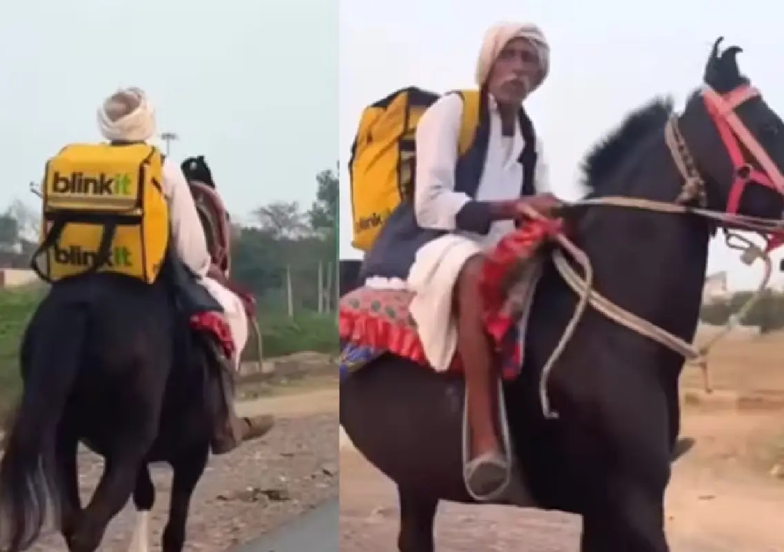 Elderly man on horse with Blinkit bag goes viral - News Karnataka