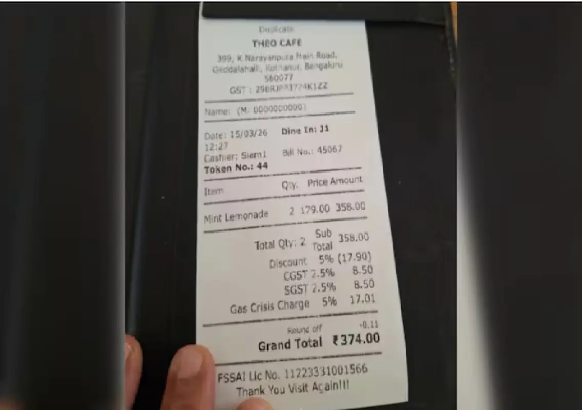 Bengaluru cafe bill with ‘gas crisis charge’ goes viral online - News Karnataka