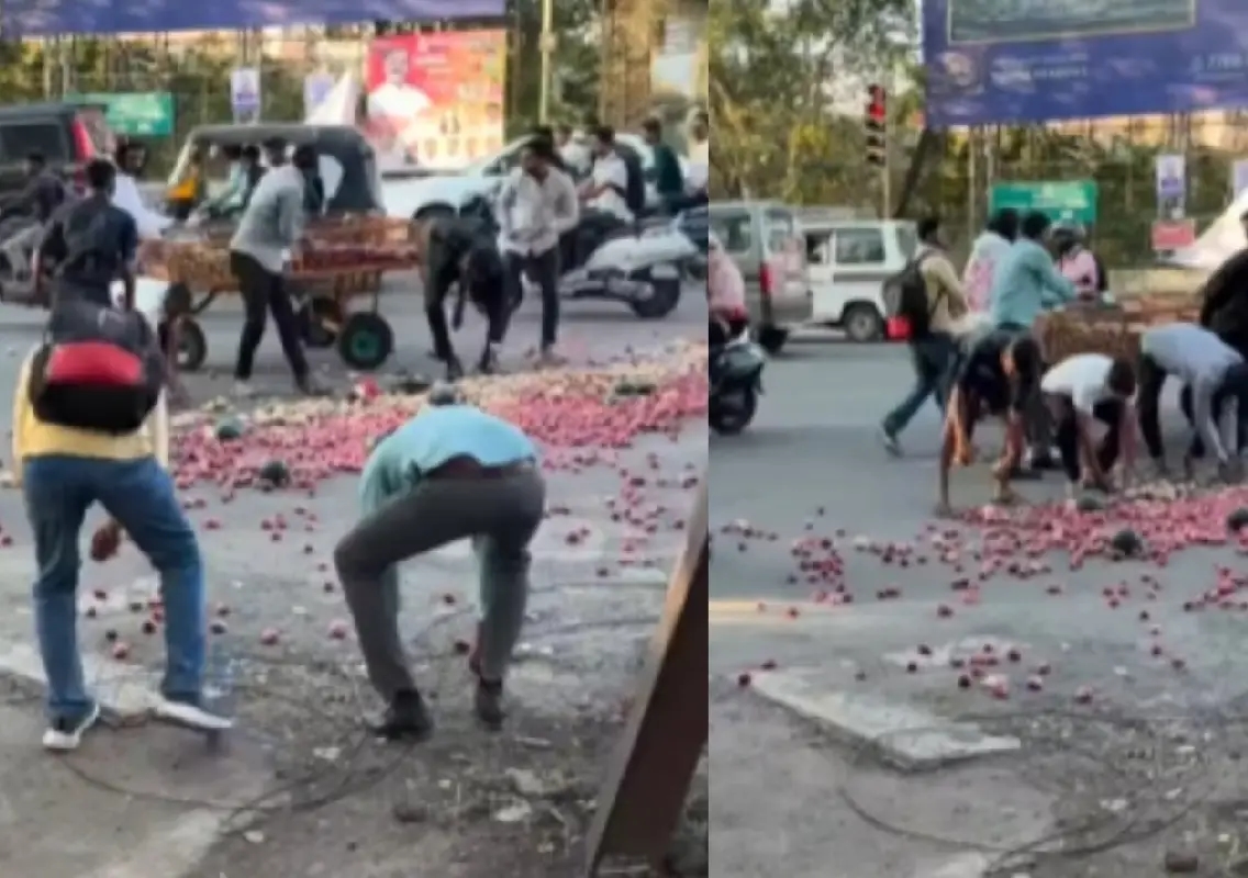 Nashik locals rush to help fruit vendor after spill on busy road - News Karnataka
