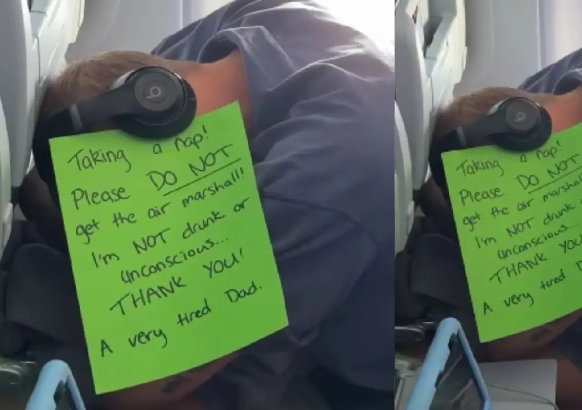 Tired dad’s flight ‘nap sign’ hack goes viral online - News Karnataka