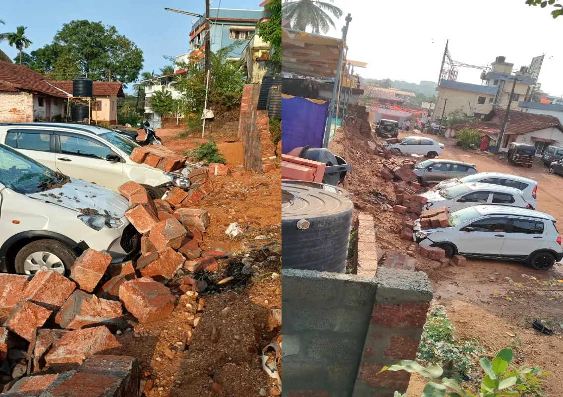Retaining wall collapse damages cars after heavy rain in Mangaluru - News Karnataka