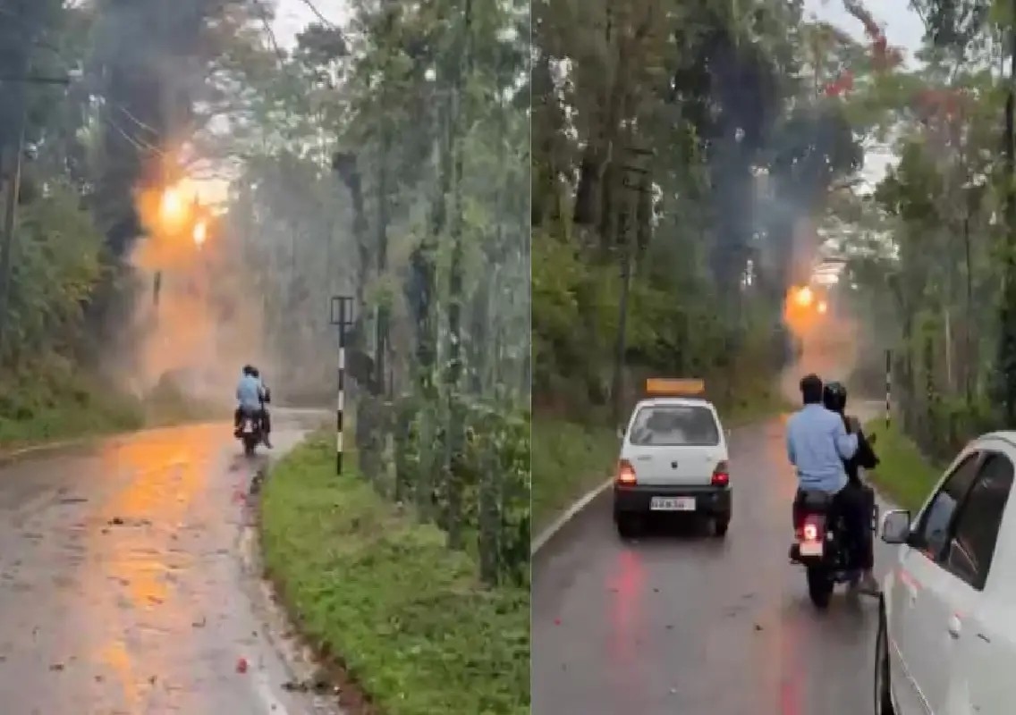 Bikers narrowly escape after riding past burning electric pole: WATCH - News Karnataka