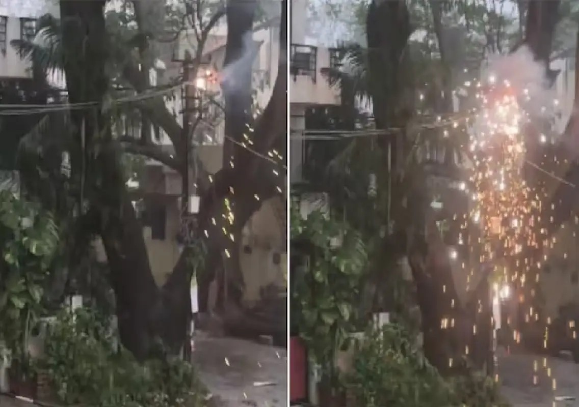 Electric pole catches fire during heavy rain in Bengaluru: WATCH - News Karnataka