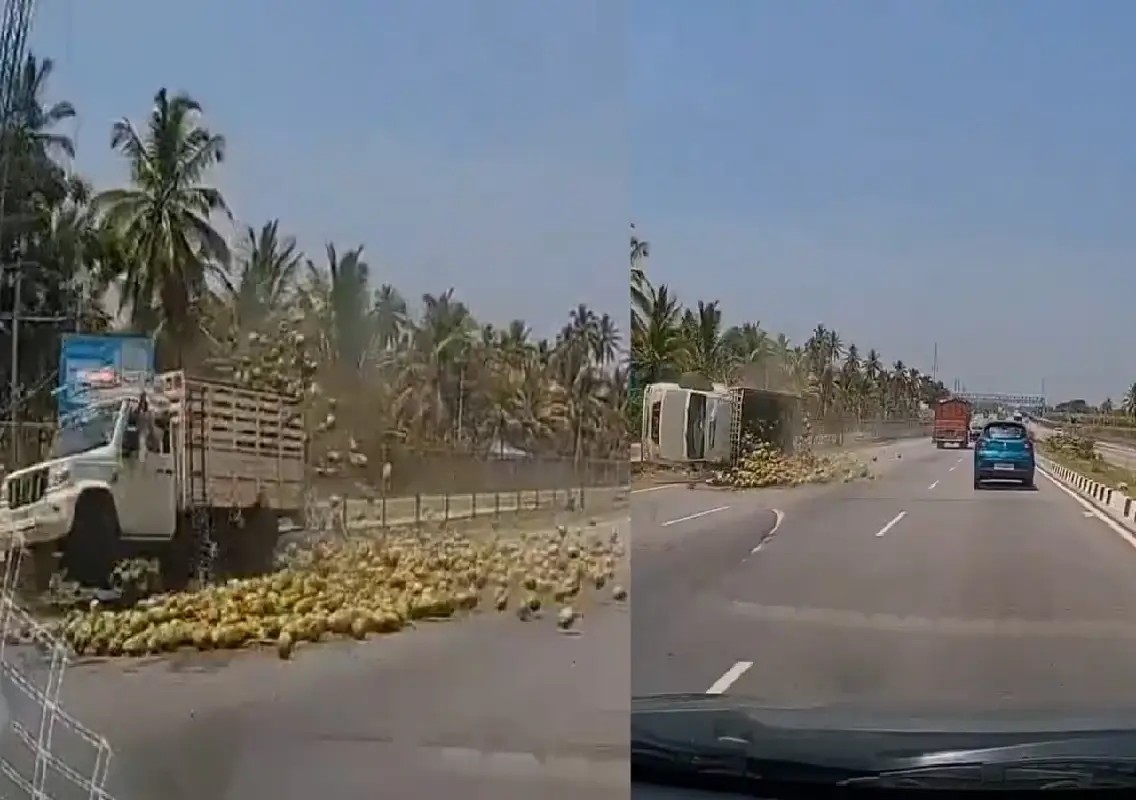 Lorry flips on Mysuru–Bengaluru highway after tyre burst: WATCH - News Karnataka