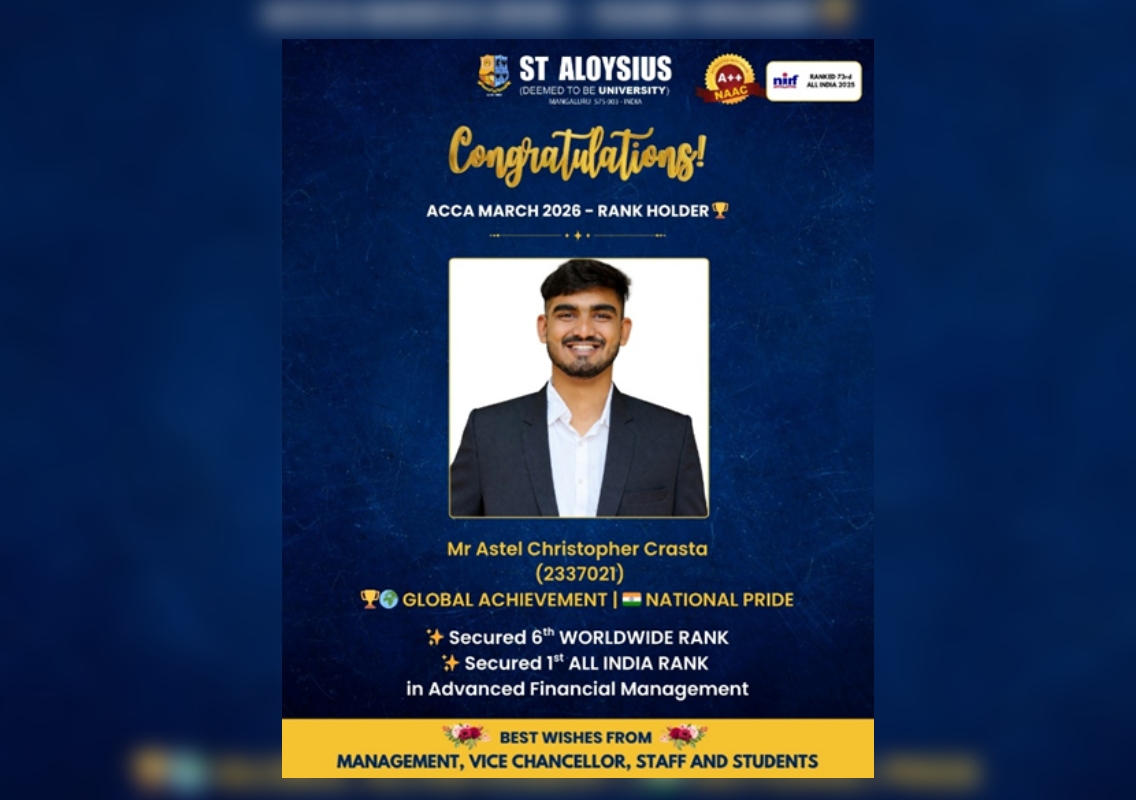 St Aloysius University student Astel Christopher Crasta secures global ACCA rank - News Karnataka