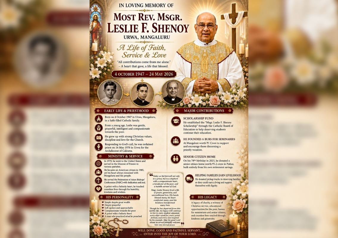 Monsignor Leslie F. Shenoy passes away at 79 - News Karnataka