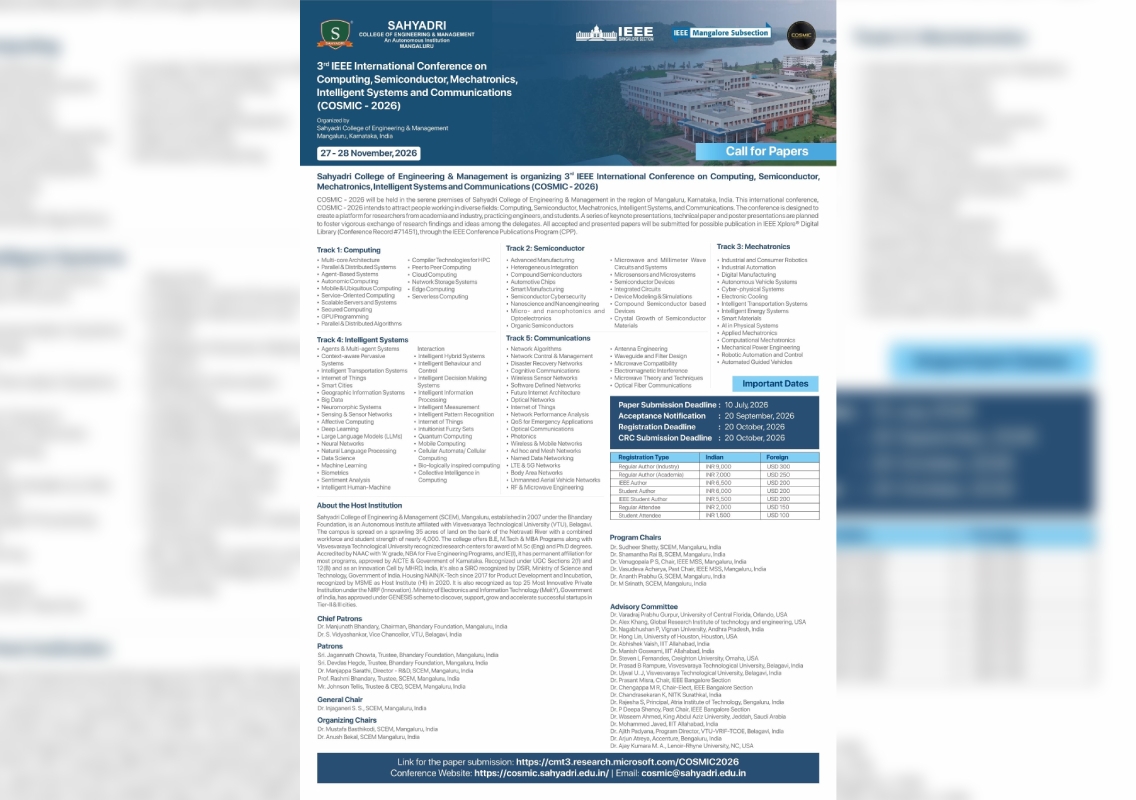 Sahyadri College to host 3rd IEEE International Conference COSMIC-2026 - News Karnataka