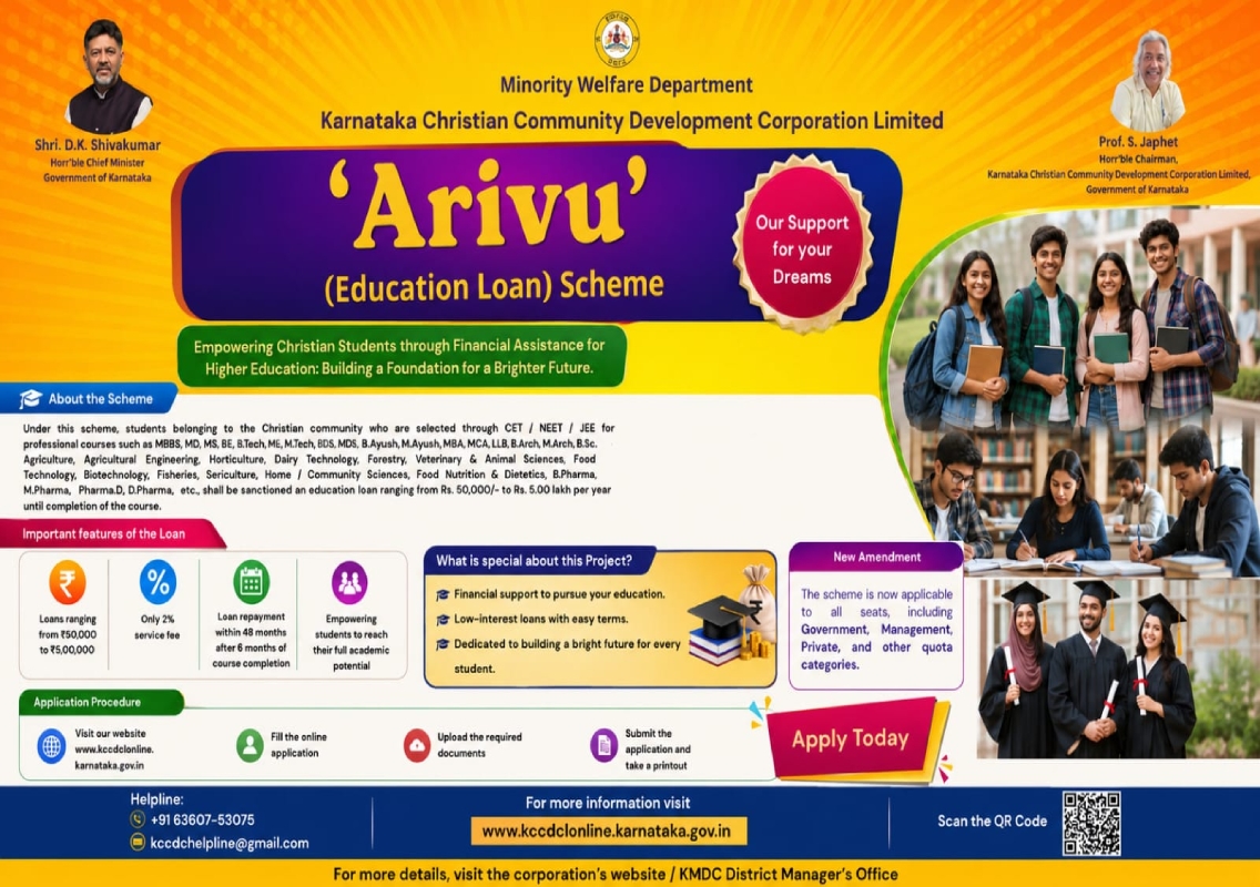 Karnataka Opens Applications for Interest-Free Arivu Education Loan Scheme for Christian Students - News Karnataka
