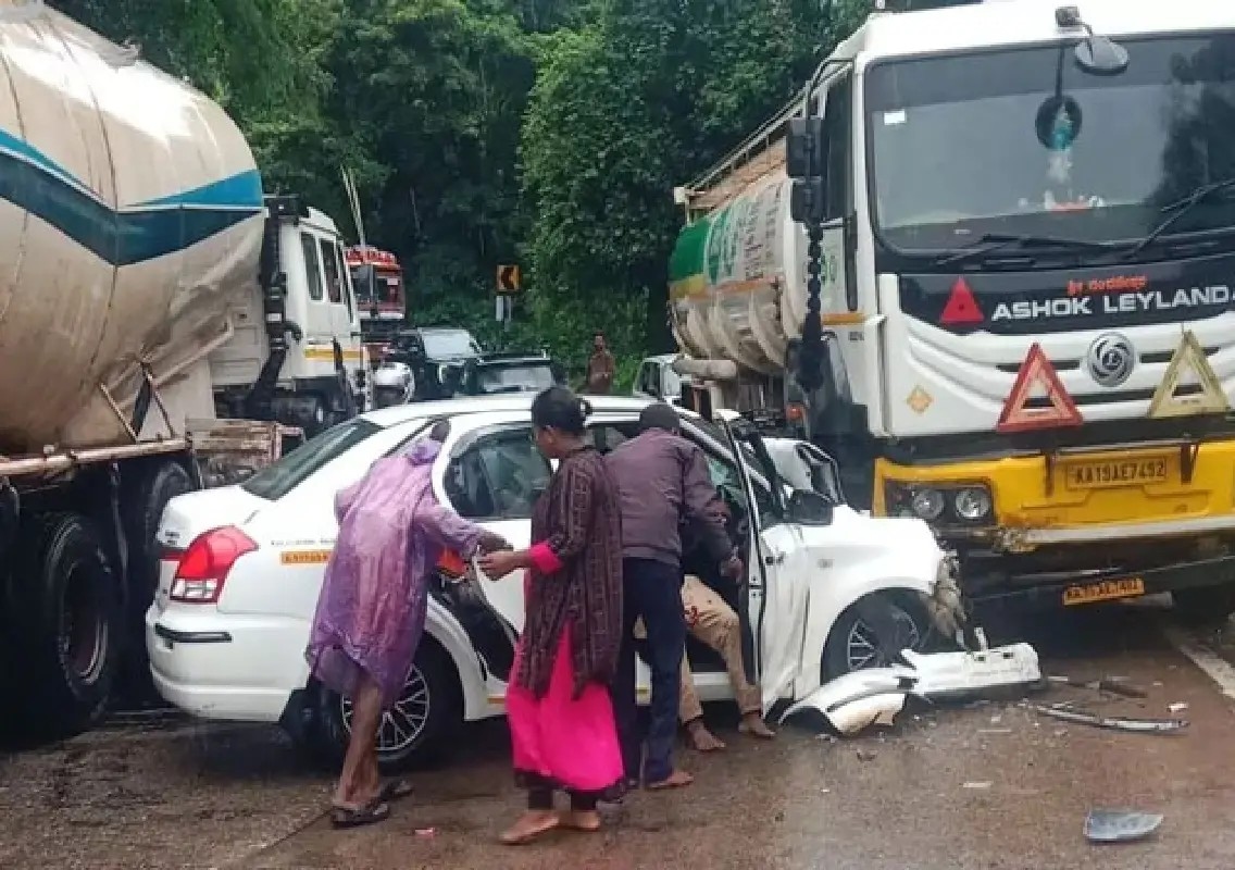 Five injured in car-tanker collision on NH 75 near Gundya - News Karnataka