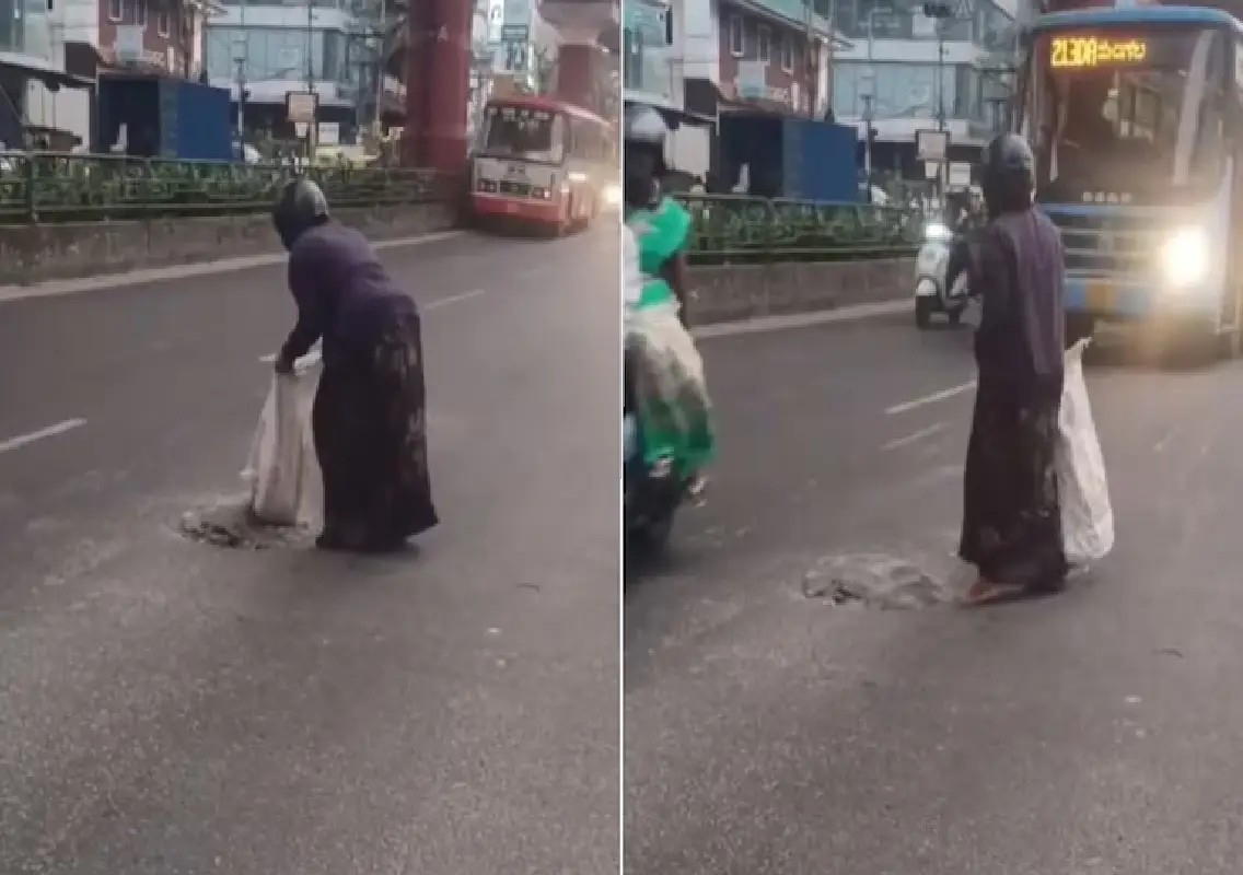 Bengaluru woman's attempt to fill pothole goes viral, sparks safety debate: WATCH - News Karnataka